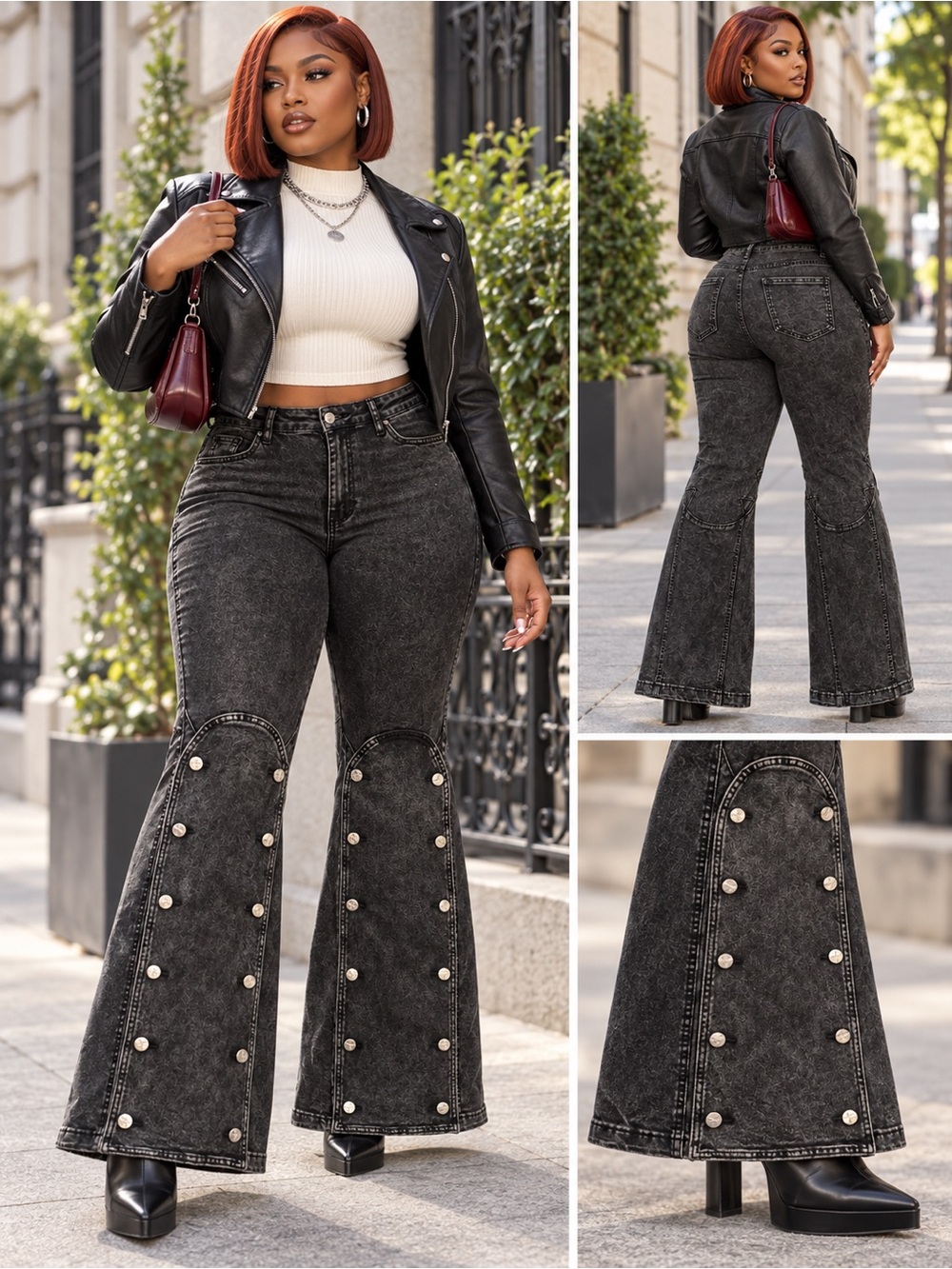 TILT Black Acid Wash Flared Jeans with Pearl-Look Buttons